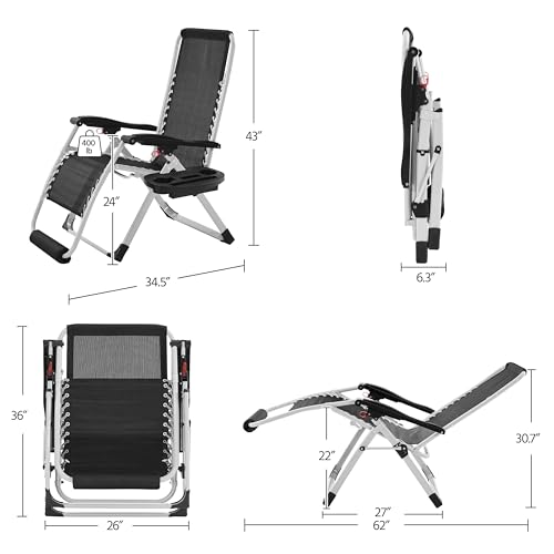 Yaheetech Zero Gravity Chair, Folding Reclining Lounge Recliner with Removable Pad & Headrest & Side Cup Holder Tray for Indoor and Outdoor Gray/1 - color: Grey, size: 26"