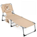 COSTWAY Tanning Chair with Face Hole, Folding Beach Lounge Chair with 4-Position Adjustable Backrest, Pillow & Side Pocket, Foldable Chaise Lounge Chair Outdoor for Sunbathing, Camping (1, Beige) - color: Beige