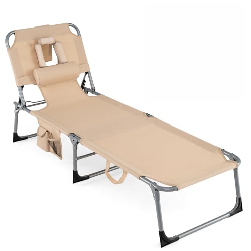 COSTWAY Tanning Chair with Face Hole, Folding Beach Lounge Chair with 4-Position Adjustable Backrest, Pillow & Side Pocket, Foldable Chaise Lounge Chair Outdoor for Sunbathing, Camping (1, Beige) - color: Beige