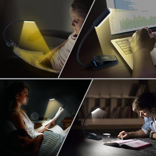 Gritin 9 LED Rechargeable Book Light for Reading in Bed -Eye Caring 3 Color Temperatures,Stepless Dimming Brightness,80 Hrs Runtime Small Lightweight Clip On Book Reading Light for Studying - color: Jet Black