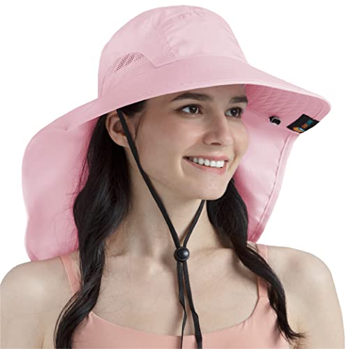 SUN CUBE Wide Brim Sun Hat with Neck Flap, UPF50+ Hiking Safari Fishing Hat for Men Women, Sun Protection Beach Hat - color: Pink