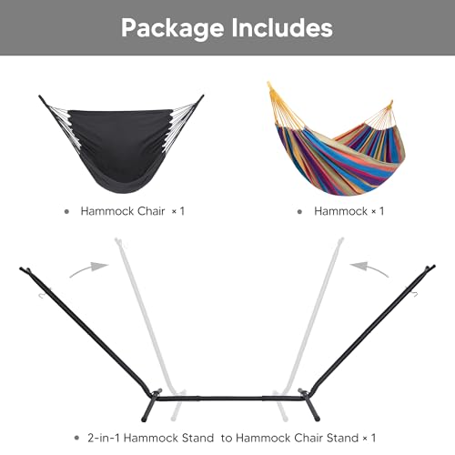 SUNCREAT 2-in-1 Convertible Backyard Fabric Hammock with Stand, Large Hammocks for Outside, Patented, Purple Stripe - color: A-purple Stripe