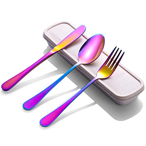Portable Utensils Set with Case, 4pcs Stainless Steel Reusable Silverware for Lunch Camping School Picnic Workplace Travel, Lunch Box Includ Fork Spoon Knife,Easy to clean,Dishwasher Safe(Rainbow) - color: Rainbow1