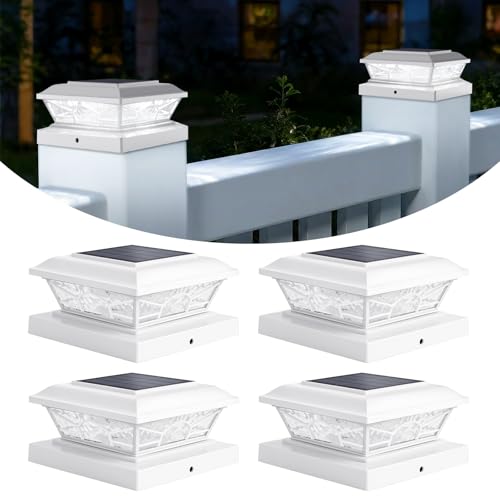 Brightever 4x4 3.5x3.5 Solar Post Cap Lights, 4-Pack Outdoor Solar Powered Fence Post Lights Fit Vinyl/Wood Posts, 2 Modes(Warm/Cool Light), Solar Waterproof Deck Post Lights for Garden, Patio, White - color: White, size: 4 Pack