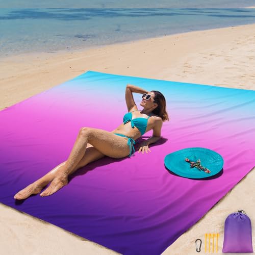 AISPARKY Beach Blanket Waterproof Sandproof Extra Large, Oversized Beach Mat, Quick Drying&Compact&Lightweight, Picnic Blankets Vacation Essentials for Outdoor Beach Camping (79" X 83" (4 Person)) - color: Gradient - Blue Purple, size: 6'11" x 6'7"