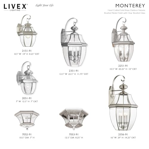 Livex Lighting 2051-91 Monterey 1 Light Outdoor Brushed Nickel Finish Solid Brass Wall Lantern with Clear Beveled Glass - color: Brushed Nickel