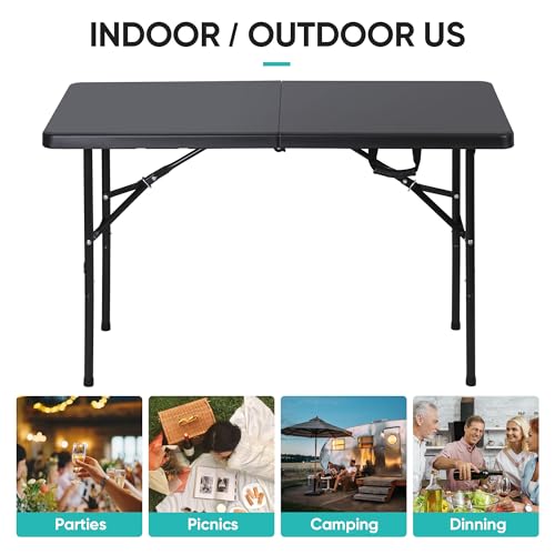 SUPER DEAL Portable 4 Foot Plastic Folding Table, Indoor Outdoor Heavy Duty Fold-in-Half Picnic Party Camping Barbecues Table with Carrying Handle, Black - color: Black, size: 48"x24", style: Rectangular
