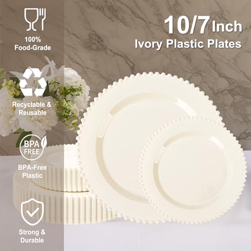 U-QE 60PCS Ivory Plastic Plates - Beaded Ivory Plates Disposable Heavy Duty - Perfect for Party, Baby Shower, Wedding, Birthday - Include 30PCS 10inch Dinner Plate & 30PCS 7inch Dessert Plate - color: Ivory