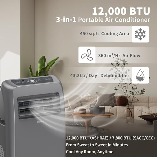 Shinco 12,000 BTU Grey Portable Air Conditioner, Portable AC Unit with Built-in Cool, Dehumidifier&Fan Modes for Room up to 450 sq.ft, with Remote Control, 24 Hour Timer, Installation Kit - color: SPF2-Grey-Standard, size: 12000 BTU