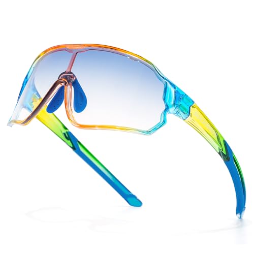 ROCKBROS Kids Photochromic Cycling Glasses, UV400 Clear to Dark Transition Sports Sunglasses for Youth Boys Girls Age 8-14 - color: Glossy Blue / Photochromic