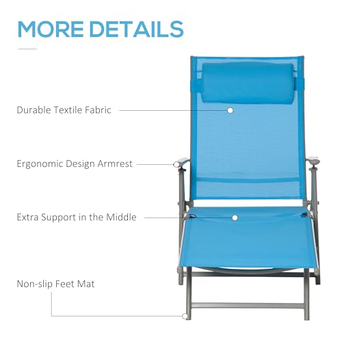 Outsunny Outdoor Folding Lounge Chair, 7-Position Adjustable Zero Gravity Lounge Chair with Pillow, Portable Reclining Tri-Fold Chaise for Beach, Swimming Pool, Light Blue