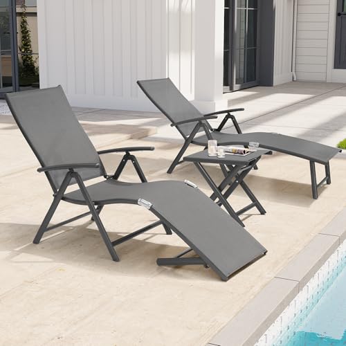 Crestlive Products 2PCS Chaise Lounge Chair Outdoor with 1PC Side Table, Aluminum Folding Patio Recliner Chair, Adjustable 8 Positions Assemble-Free - color: Grey, size: 3 Pcs