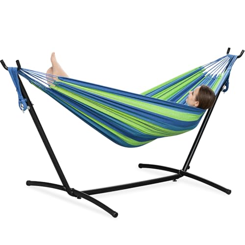 PNAEUT Double Hammocks with Stand for Outside, Portable Space Saving Heavy-Duty Steel Stand for Indoor Outdoor Patio with Sidebag, 450 lbs Capacity (Blue) - color: Blue