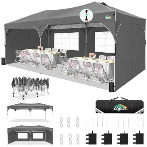 COBIZI 10x20 Pop Up Canopy Tent, Outdoor Party Tent with 4 Sidewalls, 1 Person Easy Set up, Tents for Parties with Fluorescent Strip & 4 Sandbags, Waterproof UPF50+, 3 Adjustable Height, Gray - color: Gray, size: 10x20ft