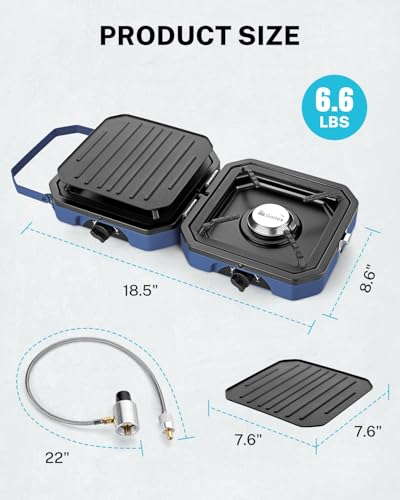 Gonex Camping Stove with 2 Burner Griddle & Grates, Portable Foldable Cooking Stove with Total 16,000 BTU, Two Piezo Ignition Adjustable Burners for Camping (Blue) - color: Blue
