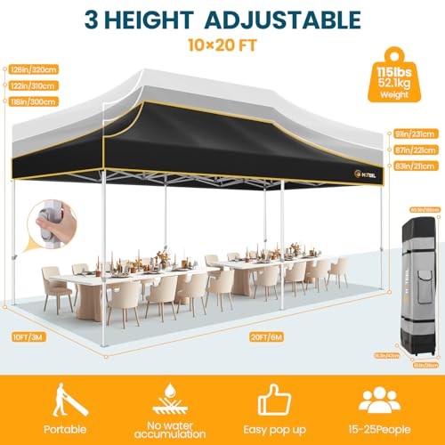 Hoteel 10x20 Pop Up Canopy Tent Heavy Duty with 6 Sidewalls, Waterproof Party Tent, Easy Set-up Commercial Instant Tents with Roller Bag & Sandbags, Hexagonal Leg (1-Year Warranty) - color: Black, size: 10×20 （6 Walls）