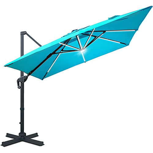 Sunnyglade 10x10ft Solar Powered LED Cantilever Patio Umbrella Square Deluxe Offset Umbrella 360°Rotation & Integrated Tilting System & LED lights for Market Garden Deck Pool Backyard Patio - color: Blue, size: 10X10FT