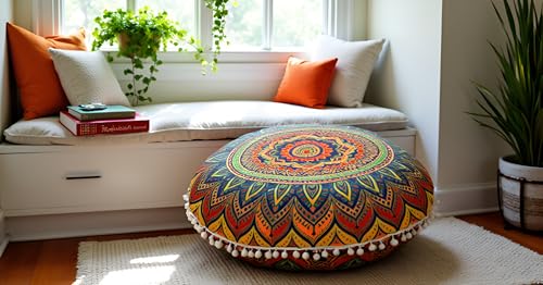 CRAFT KALA 22" Floor Pillows Cover for Sitting, Large Meditation Cushions Cover for Adults, Bohemian Mandala Round Pouf Seating Ottoman Cover for Outdoor Yoga and Living Room New Blue Ombre - color: New Blue Ombre, size: 22"