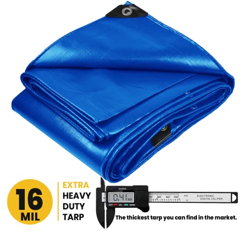 Extra Heavy Duty 16 Mil Tarp Cover, Waterproof, UV Resistant, Rip and Tear Proof, Poly Tarpaulin with Reinforced Edges for Roof, Camping, Patio, Pool, Boat. (Blue 8′ X 10′) - color: Blue-16 Mil, size: 8′ X 10′