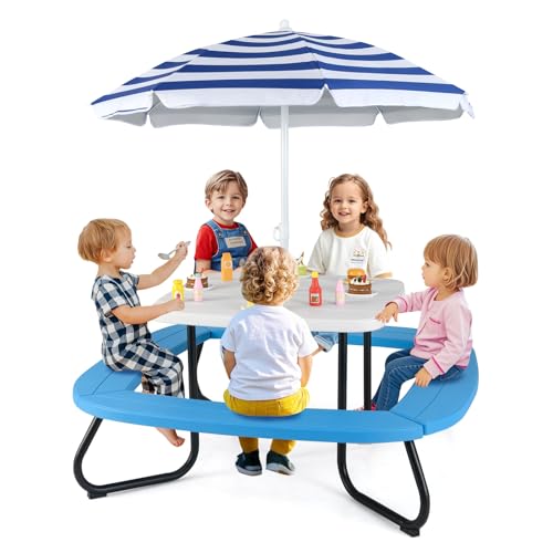 HONEY JOY Kids Picnic Table, 8 Person Toddler Outdoor Table and Chair Set, 4 Built-in Benches, Removable Umbrella, Metal Frame & HDPE Top, Children Outdoor Furniture for Backyard Patio Garden (Blue) - color: Blue