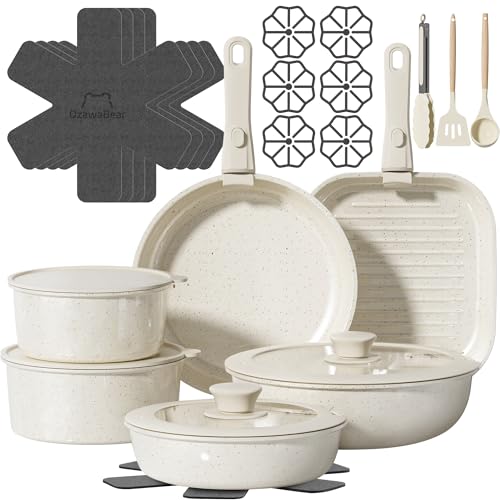26 Pcs Pots and Pans Set Non Stick, Ceramic Cookware Set Non Toxic with Detachable Handles, Healthy Induction Cookware Oven Safe RV Kitchen Set, PFAS PFOA & PTFE Free, Cream White - size: 26Pcs