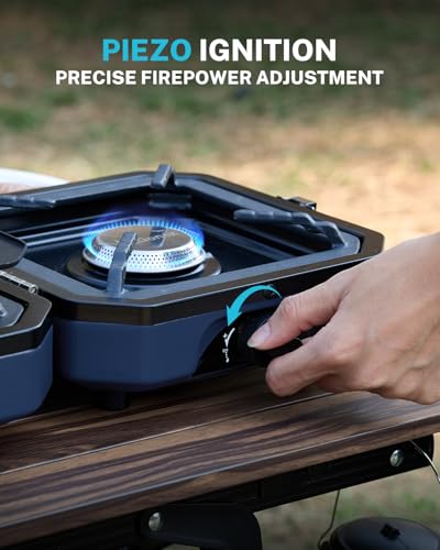 Gonex Camping Stove with 2 Burner Griddle & Grates, Portable Foldable Cooking Stove with Total 16,000 BTU, Two Piezo Ignition Adjustable Burners for Camping (Blue) - color: Blue