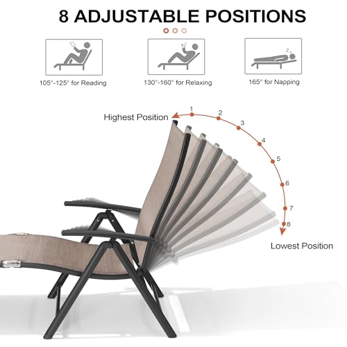 Crestlive Products Folding Patio Chaise Lounge Chair Outdoor, Aluminum Adjustable Outdoor Pool Recliner Chair, Assemble-Free, 8 Positions - color: Espresso, size: 1 Pcs