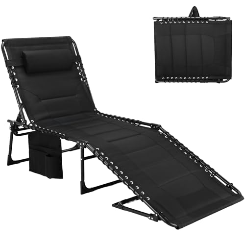 TLSUNNY Padded Folding Lounge Chair, Portable Reclining Chair with Pillow & Side Pocket, Outdoor 5-Position Adjustable Chaise Lounger with Carrying Handle, for Beach, Pool, Sunbathing (Black)