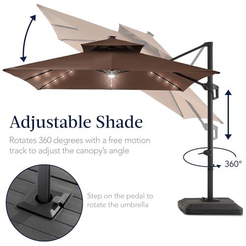 Best Choice Products 9x12ft LED Cantilever Patio Umbrella w/Base Included & 360° Rotation, Large Solar Offset Hanging Outdoor Sun Shade for Deck, Backyard Table w/Stand & Lights – Brown - color: Brown, size: 9x12ft