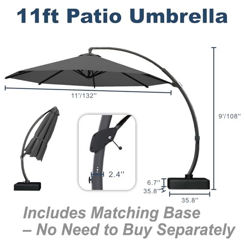 11FT Cantilever Umbrella with Base Large Curvy Outdoor Aluminum Offset Umbrella w/ 360° Rotation, UV Resistant Canopy for Patio, Garden, Backyard, Gray - color: Gray, size: 11FT