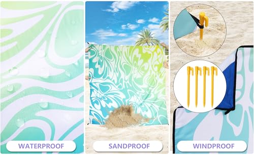 WIWIGO Beach Blanket Waterproof Sandproof Beach Mat 79" X 83"/10'x9'for 2-8 Adults Quick Drying Outdoor Picnic Mat Beach Accessories for Travel, Camping, Hiking - color: Big Flower-blue and Green Gradient, size: 79" X 83"（1-4person）
