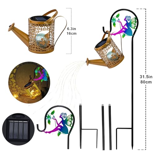 Solar Lights Garden Decorative, Solar Watering Can with Cascading Lights, Waterproof Metal Lantern with Fairy Shepherd Hook, Outdoor Decor for Yard, Patio, Gifts for Mother's Day, Women Mom - color: Fairy Set, size: 1 Pack