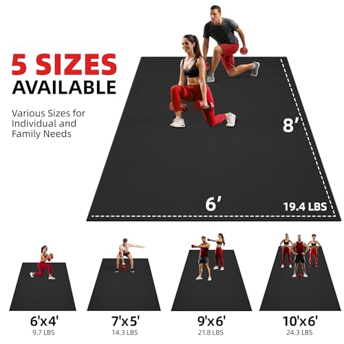 GymCope Extra Large Exercise Mat, 10'x6'/9'x6'/8'x6'/7'x5'/6'x4'(8mm) Thick Workout Mat for Home Gym & Garage Flooring, Shoe-Friendly, High-Density, MMA, HIIT, Weight Lifting, Cardio&Strength - color: 8'x6'x8mm-Black