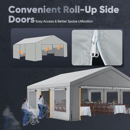 Quictent 20x20 ft Heavy Duty 2 Car Carport, Waterproof Storage Shelter with Zipper Side Doors, Snowproof Steel Cables & Ventilated Windows, Outdoor Garage for Car, Gray - color: Gray, size: 20'x20'