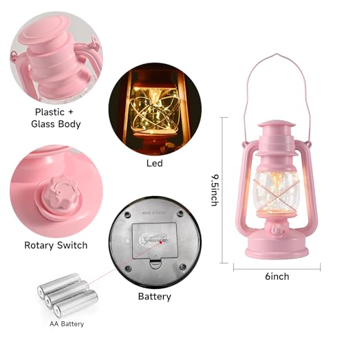 Outdoor Lanterns,Vintage Lantern with 20 LED Lights Silver Wire,9.5" H Light LED Lanterns for Outdoor & Indoor with Timer,Battery Powered Lantern,Hanging Lights for Camping Garden,Pink 2 Pack