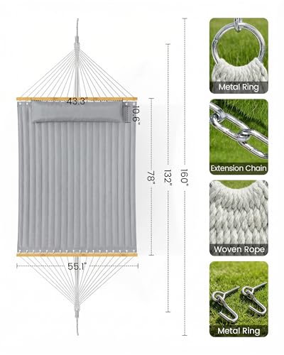 ANAGOO Double Quilted Outdoor Hammock for 2 Adults, 500lb Capacity Backyard & Camping Hammock with Pillow and Bamboo Spreader Bar, Fits 11–15ft Hammock Stands (Stand Not Included),Dark Gray - color: Dark Gray(without Stand)