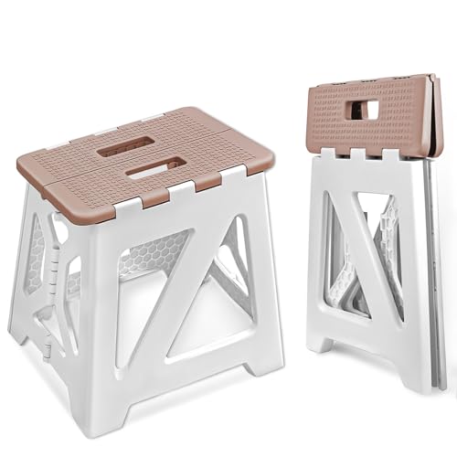 neotidy Foldable Step Stool (1 Pack), 12.9” Tall up to 300 lb Sturdy Plastic Folding Step Stool for Adults Kitchen Bathroom, Portable Small Stool Travel Foot Stool Brown - color: Brown
