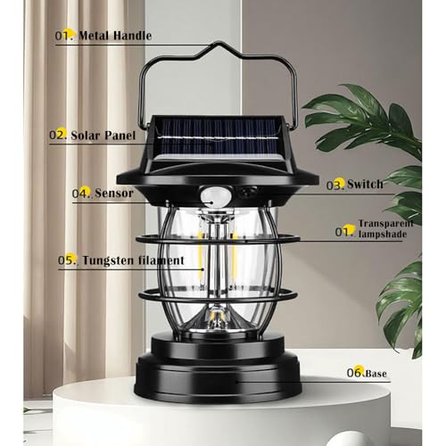 [1200lm] Motion Sensor Solar Lanterns Outdoor Tent Lights Portable Camping Exterior Front Porch Waterproof Table Desk Wall Sconce Lamp Rechargeable Anti Rust Coach for House Doorway Garage 1 Pack