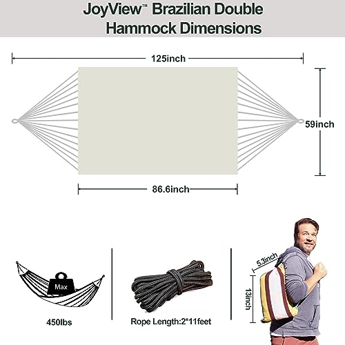 JoyView Brazilian Double Hammock with Hanging Ropes Extra Large 86.6x59” Portable Cotton Hammock for Patio Backyard Porch 450LBS Weight Capacity Perfect for Outdoor/Indoor - Natural White - color: Natural White