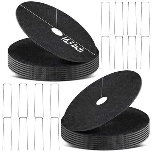 16 Pack Non-Woven Tree Mulch Ring, 16.5 Inch Degradabl Tree Protection Mat, Weed Barrier Round Mats with 16 Staples Stakes for Weed Growth RootProtection Resistant and Reusable