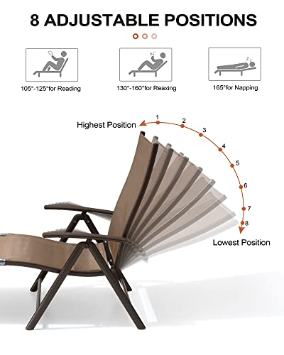 Crestlive Products Chaise Lounge Chair Outdoor Set of 2, Aluminum Folding Patio Recliner Chair, Adjustable 8 Positions Assemble-Free Perfect for Beach, Yard, Pool, Deck - color: Brown, size: 2 Pcs