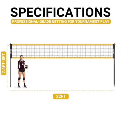 SPOYNAL Portable Volleyball Net for Backyard & Beach - 20FT/32FT Outdoor Volleyball Set with Adjustable Height (8ft/7.8ft/7.4ft), Boundary Line, Volleyball, Pump & Carry Bag - style: 32FT-Yellow