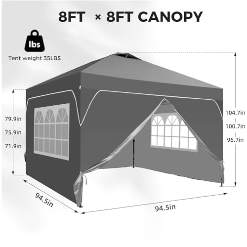 8x8 FT Pop Up Canopy with 1-Button Push, 4 Removable Sidewalls, Sandbags, Instant Canopy Tent for Outdoor Events - color: Gray, size: 8x8 with Sidewalls