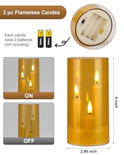Enido Gold 2 Pc 3-in-1 Taper Flameless LED Candles with Remote, Battery Operated Acrylic Pillar Set, 3" x 6" Flickering Electric Lights for Cozy Home & Holiday Romantic Decor - color: Amber