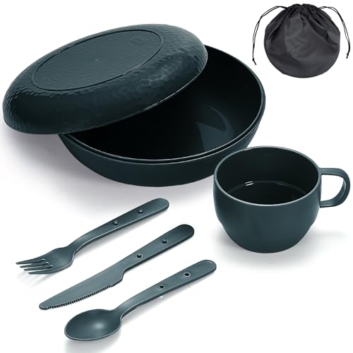Berglander Camping Mess Kit with Bowl, Plate, Cup, Spoon, Fork, Knife and Carry Bag, Plastic Camping Accessories Essentials Gear for Travel, Camping, Picnic, Outdoor, Easy to Carry & Store - color: 3.Green
