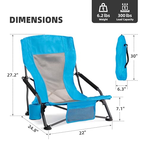 Portable Folding Beach Chair for Adults - Lightweight Low Back Sling Chair with Cup Holder & Storage Pocket, 300lbs Capacity Camping Chair for Outdoor, Lawn, Concert, Travel (Blue) - color: Blue, size: 1 pcs