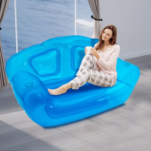Portable Inflatable Couch with Headboard and Built-in Pump Blow Up Pull Out Couch Folding Inflatable Chair 70.9"×35.4"×37.4" Outdoor Air Sofa for Camping, Backyard, Beach, Party (Blue) - color: Blue