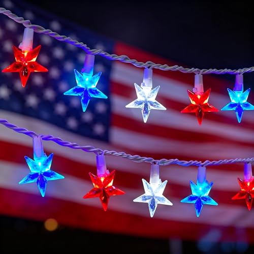 4th of July Decorations Star String Lights, 13.6Ft Red White Blue Patriotic Lights with 35 LED Stars, Waterproof Plug in Fairy String Lights for Memorial Day Independence Day Outdoor Indoor Decor - color: 35LED Star Lights