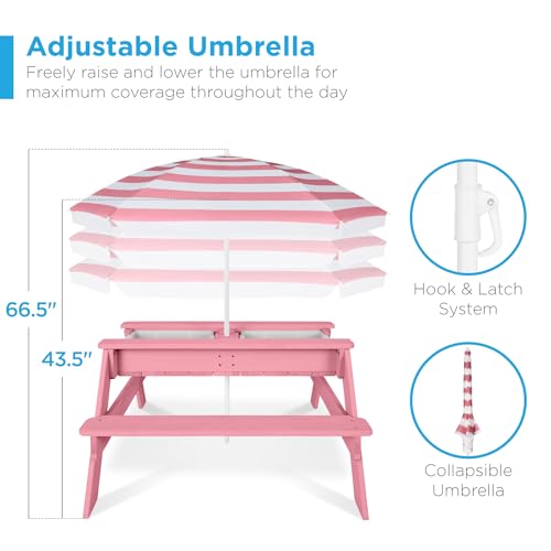 Best Choice Products Kids Picnic Table with Umbrella, 3-in-1 Sand & Water Table, Outdoor Convertible Picnic Table for Toddlers, Seats 4, Removable Top, 2 Buckets - Pink - color: Pink