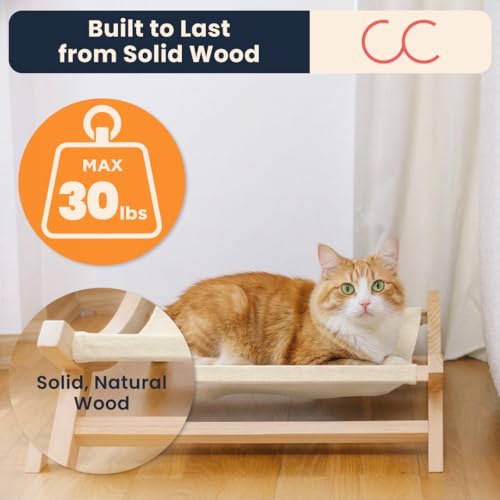CallieCo Wooden Cat Hammock Bed, Modern Elevated Pet Lounger with Premium Wooden Frame & Breathable Fabric, Stylish Indoor & Outdoor Cat Bed for Cats & Small Dogs - Ivory - color: Ivory